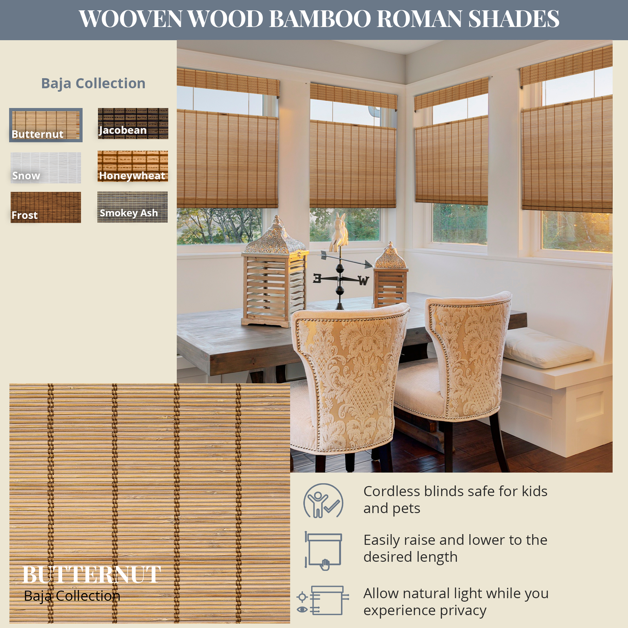 Custom Bamboo Shades – Light Filtering, Top Down Bottom Up, Butternut