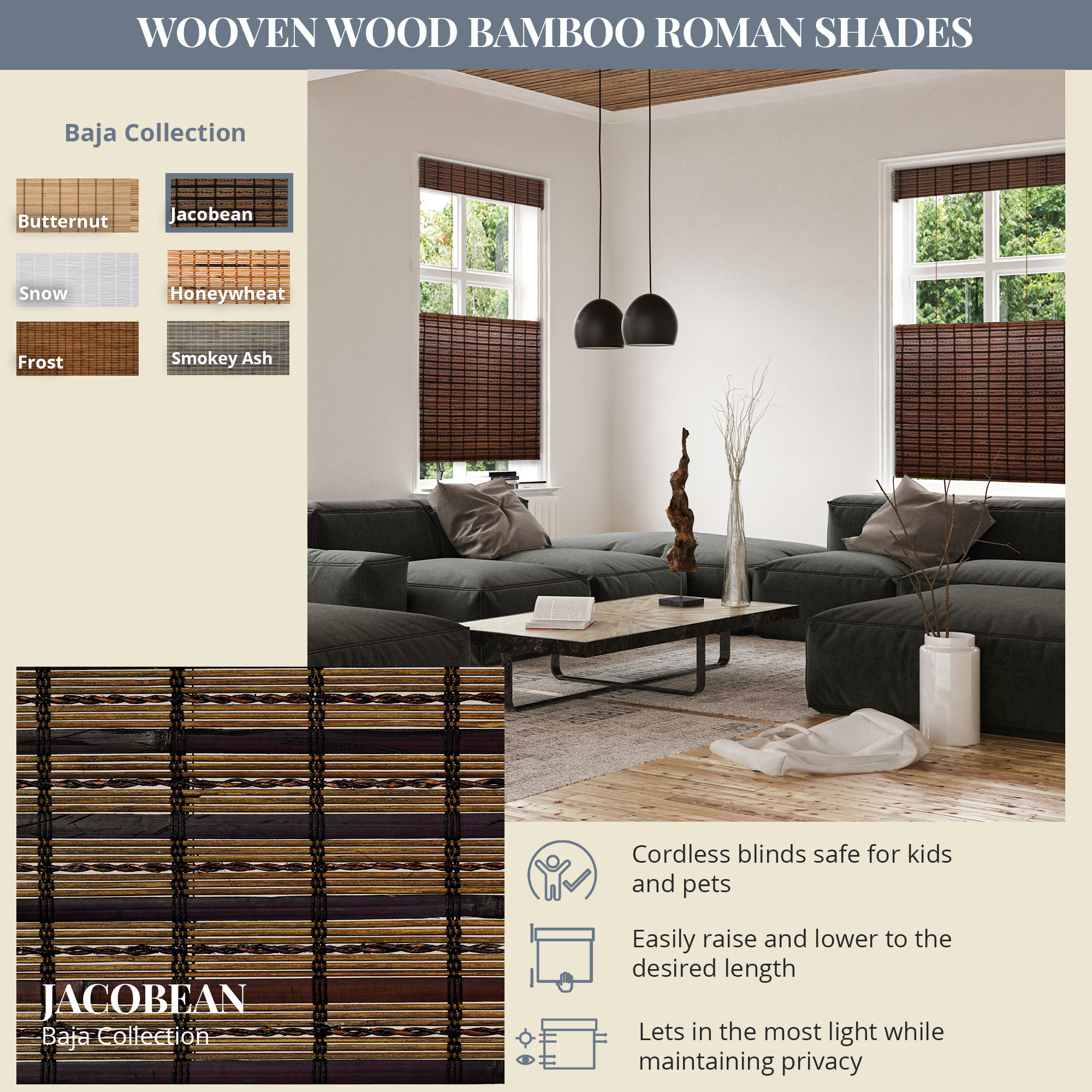 Custom Bamboo Shades – Light Filtering, Top Down Bottom Up, Jacobean