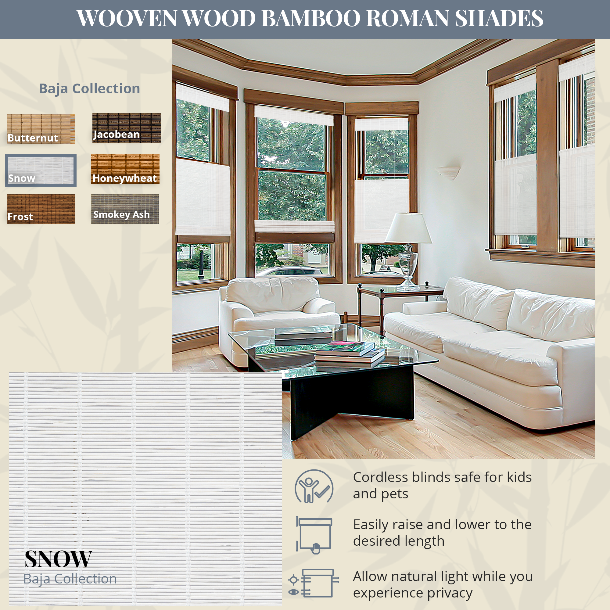 Custom Bamboo Shades – Light Filtering, Top Down Bottom Up, Snow